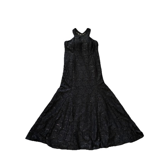 Morgan & Co Black Sequin Lace Halter Maxi Gown Strappy Back Womens 16W - Picture 7 of 12